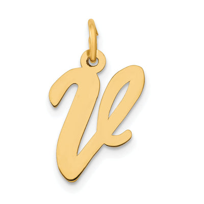 14K Yellow Gold Medium Size Fancy Script Design Letter V Initial Pendant