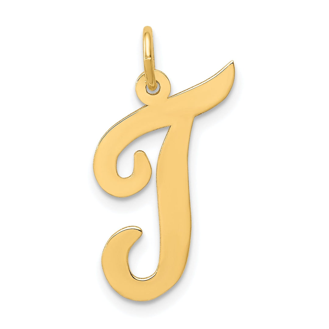 14K Yellow Gold Large Size Fancy Script Design Letter T Initial Pendant