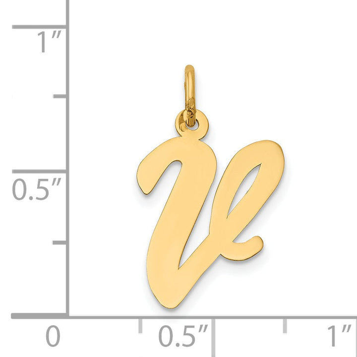 14K Yellow Gold Large Size Fancy Script Design Letter V Initial Pendant