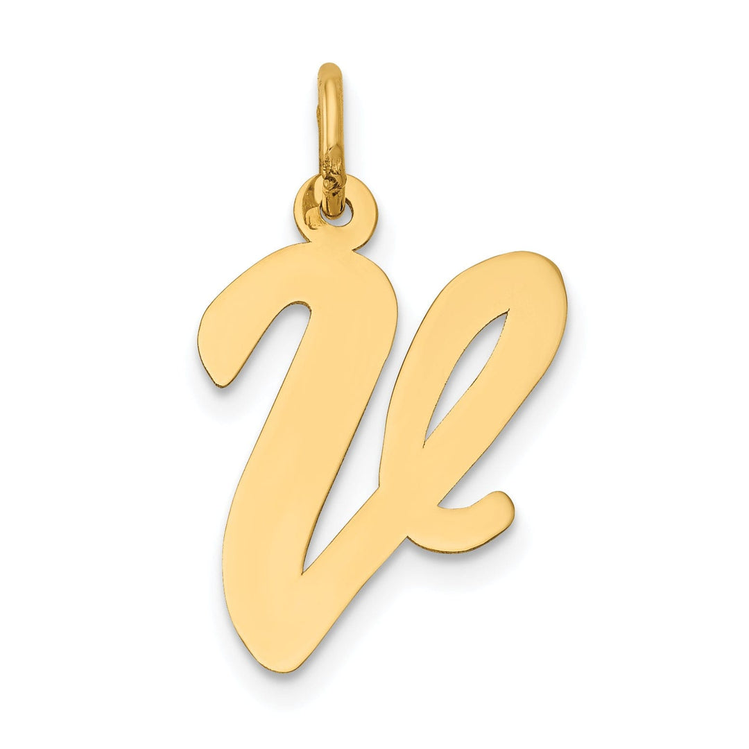 14K Yellow Gold Large Size Fancy Script Design Letter V Initial Pendant