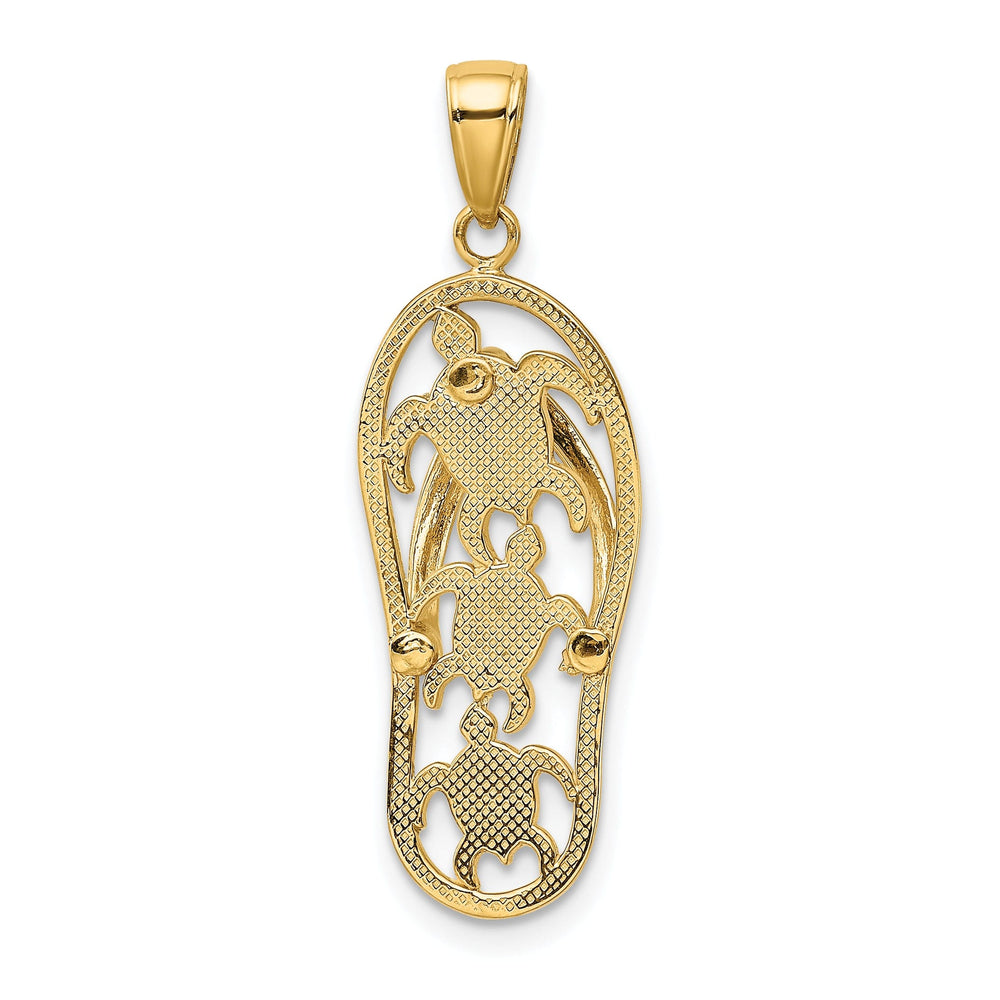 14K Yellow Gold Solid Polished Textured Green, White Enameled Finish Triple Sea Turtles Design Flip-Flop Beach Sandle Charm Pendant
