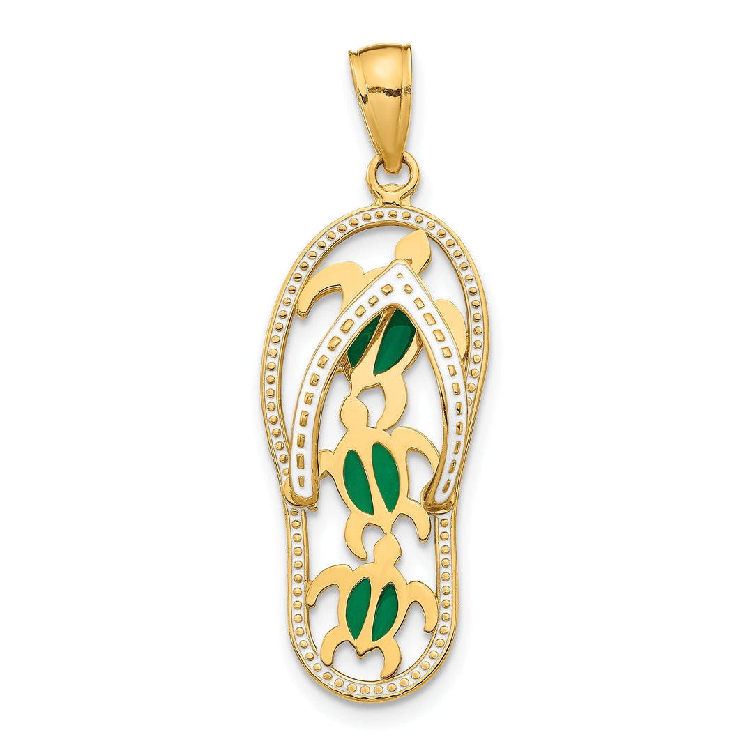 14K Yellow Gold Solid Polished Textured Green, White Enameled Finish Triple Sea Turtles Design Flip-Flop Beach Sandle Charm Pendant