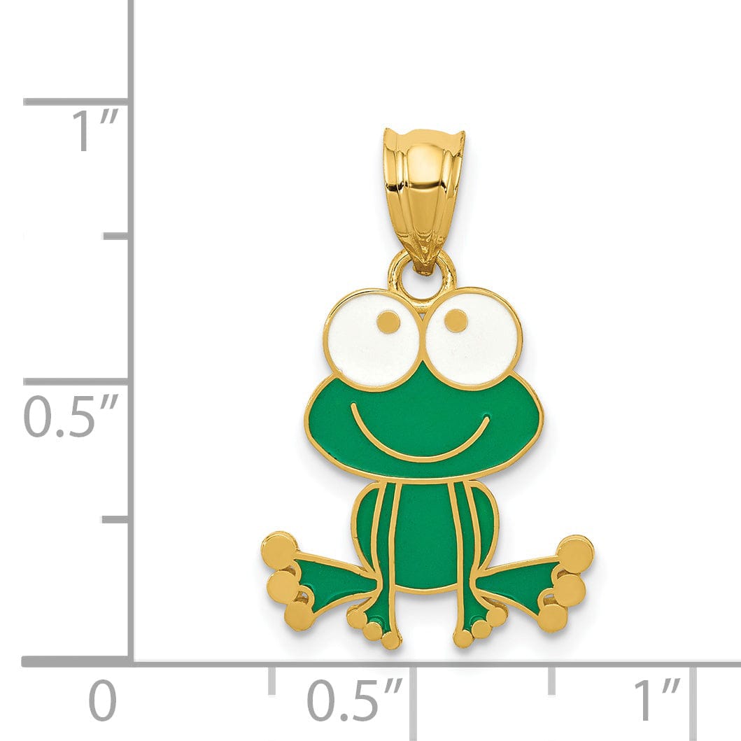 14k Yellow Gold Solid Polished Green and White Enameled Finish Frog Charm Pendant
