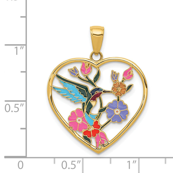 14k Yellow Gold Solid Multi Enameled Textured Polished Finish Hummingbird with Flowers Heart Design Charm Pendant