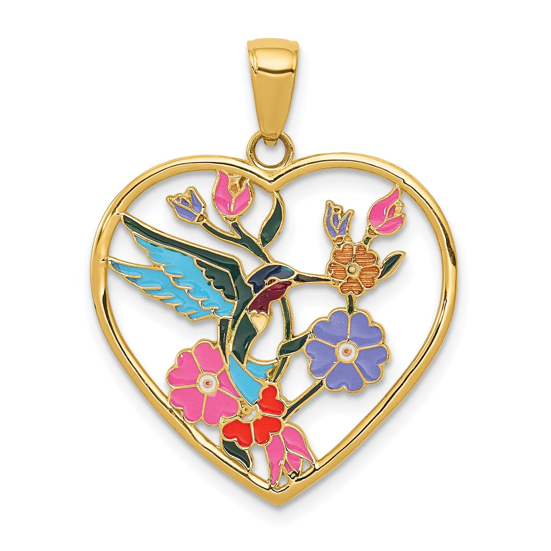 14k Yellow Gold Solid Multi Enameled Textured Polished Finish Hummingbird with Flowers Heart Design Charm Pendant