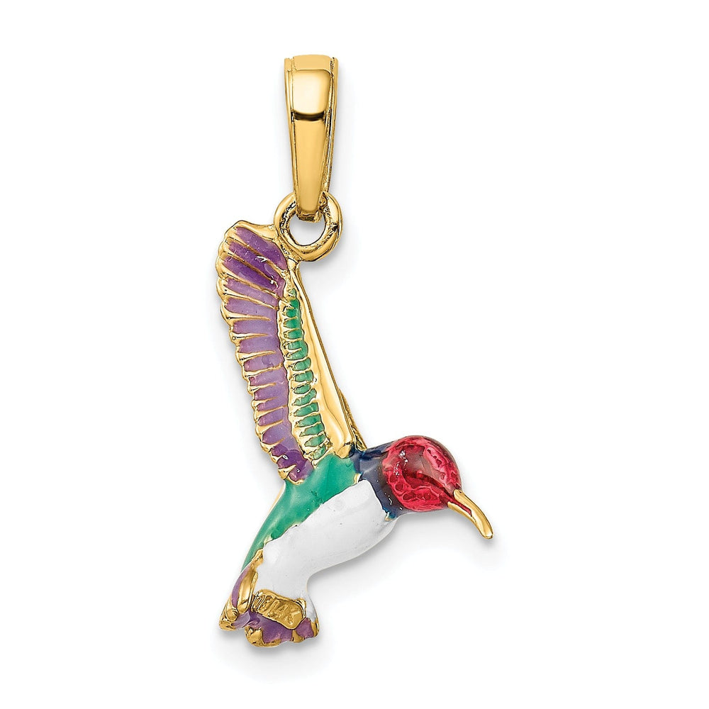 14k Yellow Gold Solid Multi Color Enameled Polished Finish 3-Dimensional Flying Hummingbird Charm Pendant