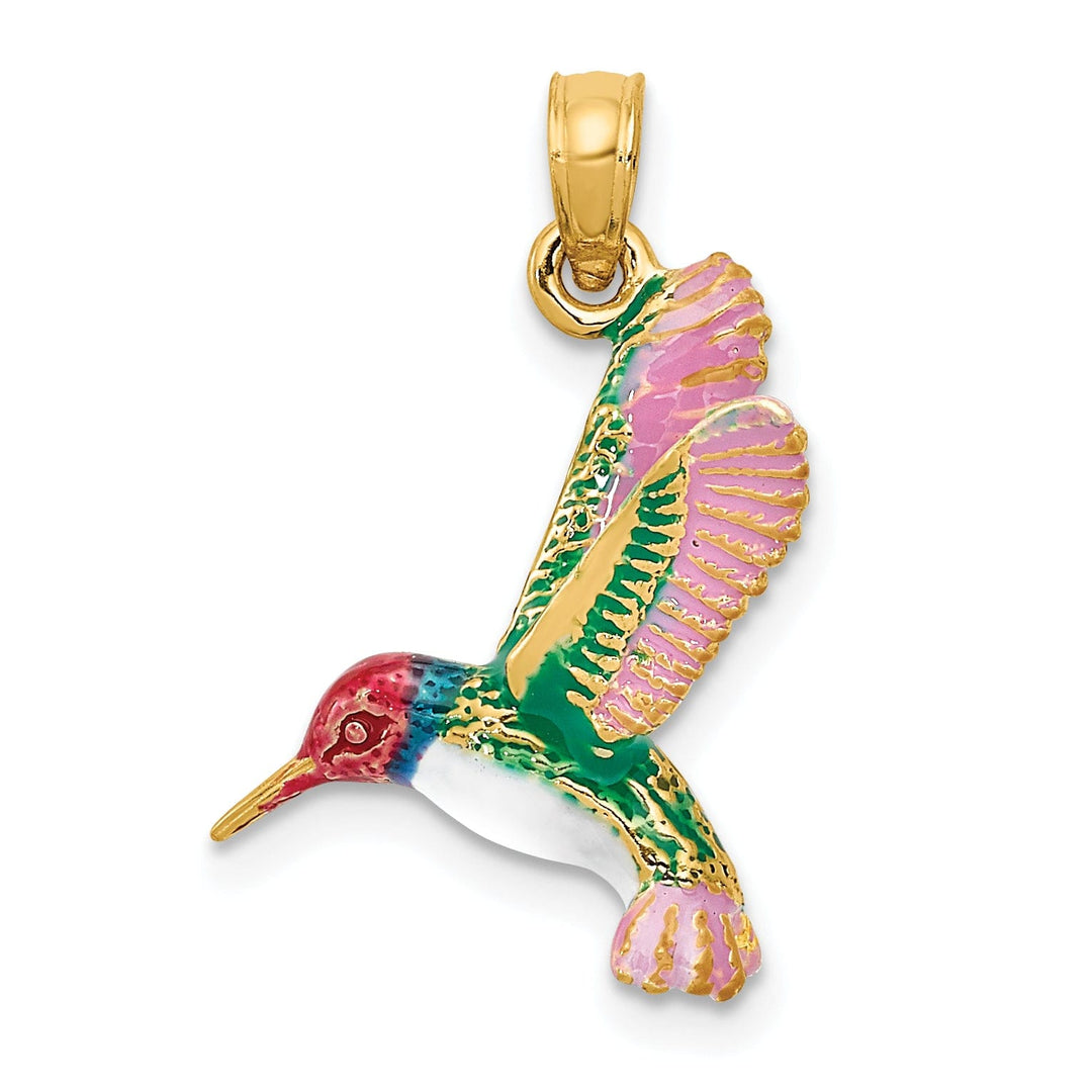 14k Yellow Gold Solid Multi Color Enameled Polished Finish 3-Dimensional Flying Hummingbird Charm Pendant