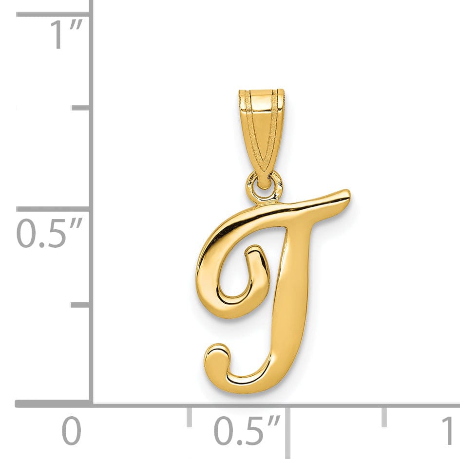 14K Yellow Gold Medium Size Script Design Letter T Initial Pendant
