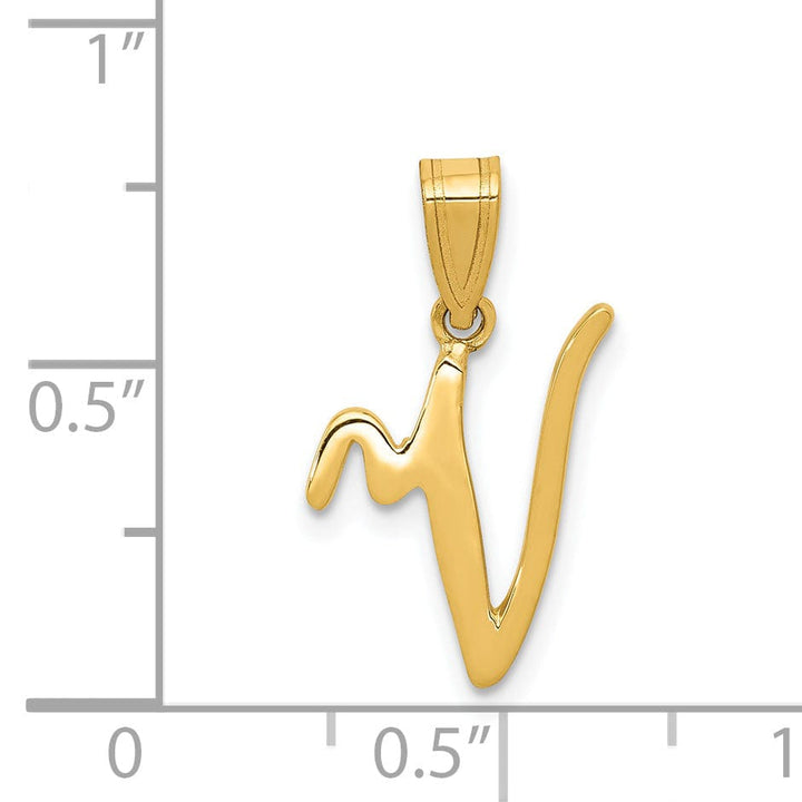 14K Yellow Gold Medium Size Script Design Letter V Initial Pendant