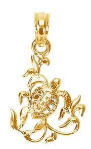 14k Yellow Gold Solid Casted Polished and Textured Finish Mini Sea Turtle and Kelp Charm Pendant