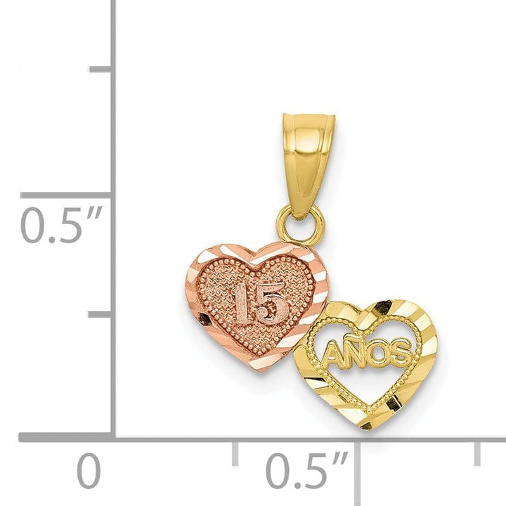10K Two Tone Gold Double Heart Anos 15 Pendant