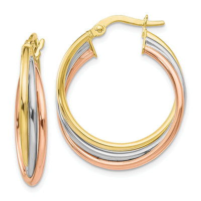 10k Tri Color Gold Polished Twisted Hoop Earrings