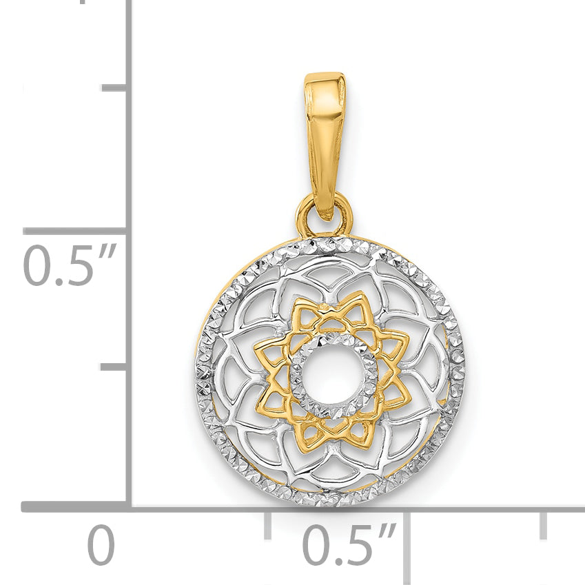 14k Yellow, White Gold Polished Floral Design Circle Filgree Pendant