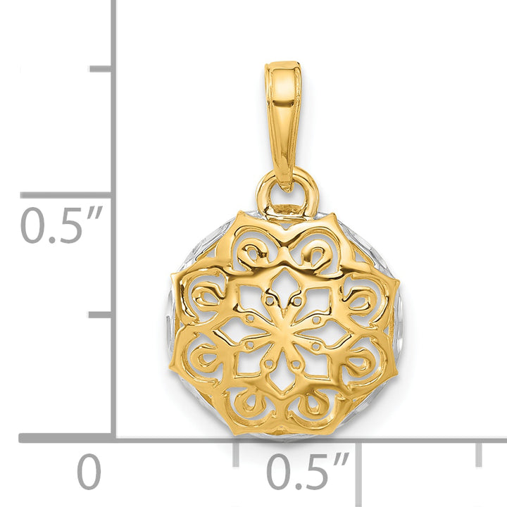 14k Yellow, White Gold Floral Design Circle Filgree Pendant