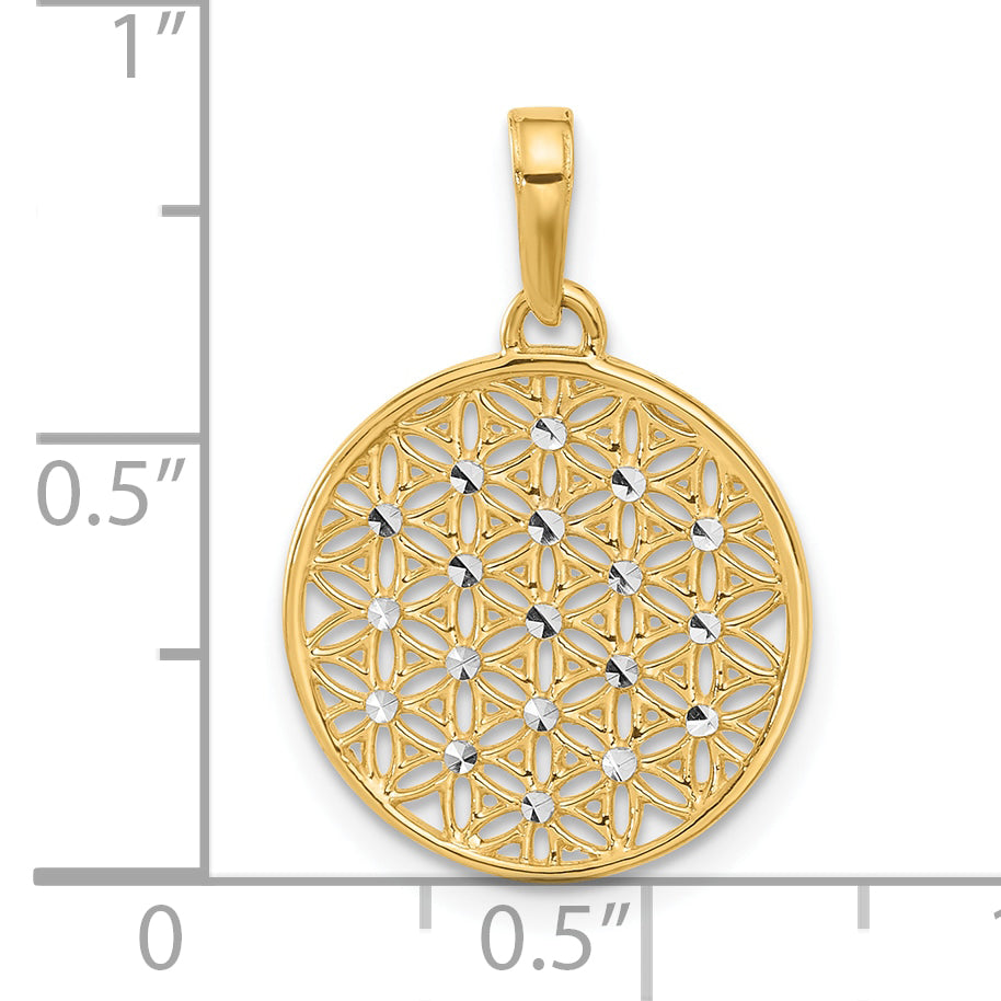 14K Yellow,White Gold D.C Flower Circle Design Filigree Pendant