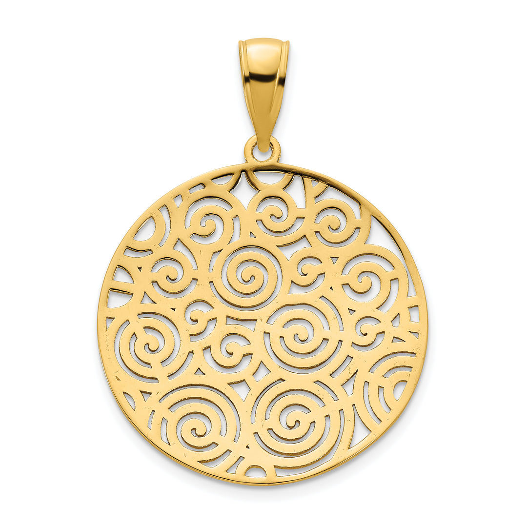 14k Yellow Gold Fancy Filigree Swirl Design Disc Pendant