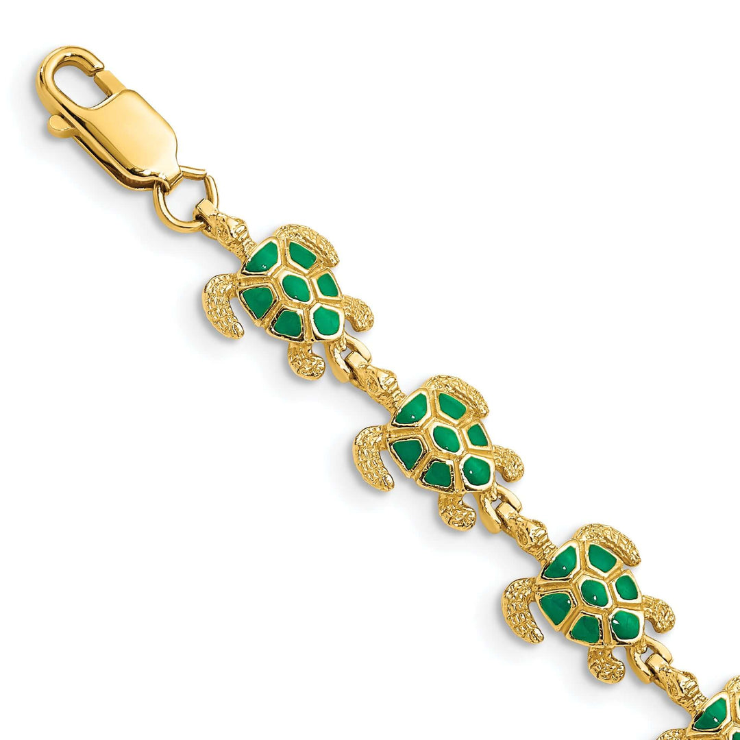 "Green Enamel 14K Gold Sea Turtle Bracelet - Lobster Clasp"