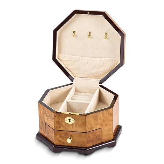Giftware High Gloss Rustic Burlwood Veneer Scrolled Inlay One Drawer Octagonal Wooden Jewelry Box