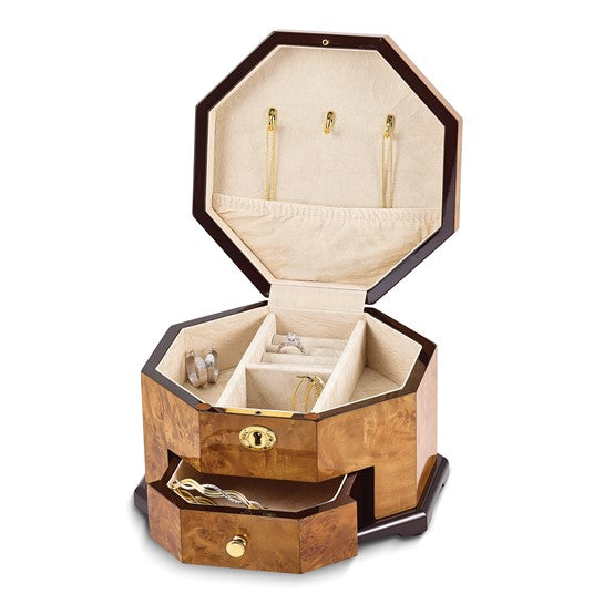 Giftware High Gloss Rustic Burlwood Veneer Scrolled Inlay One Drawer Octagonal Wooden Jewelry Box