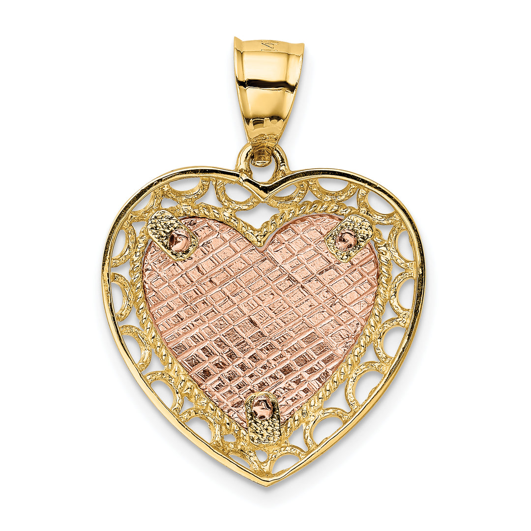 14K Two-tone Polished Lace Trim Heart Pendant