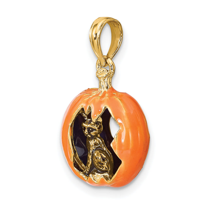 14K Yellow Gold 3-D Jack-o-Lantern with Black Cat Moon Charm Pendant