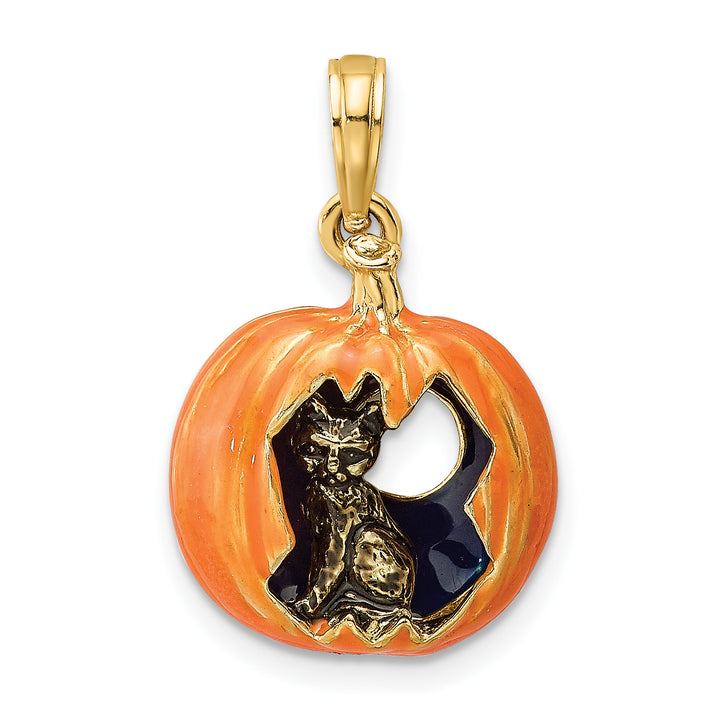 14K Yellow Gold 3-D Jack-o-Lantern with Black Cat Moon Charm Pendant