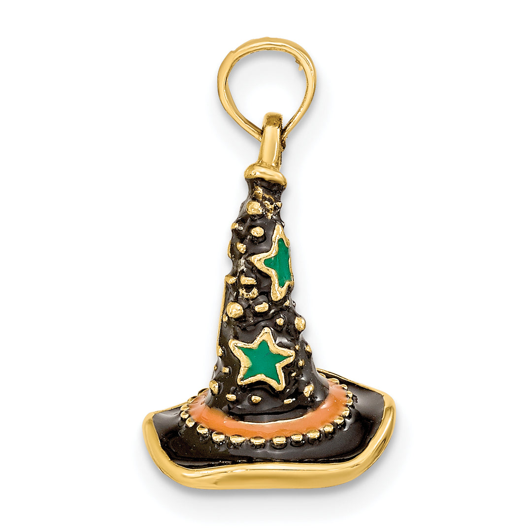 14K Yellow Gold 3-D Enameled Witch Hat Halloween Charm Pendant