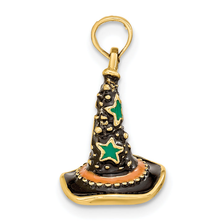 14K Yellow Gold 3-D Enameled Witch Hat Halloween Charm Pendant