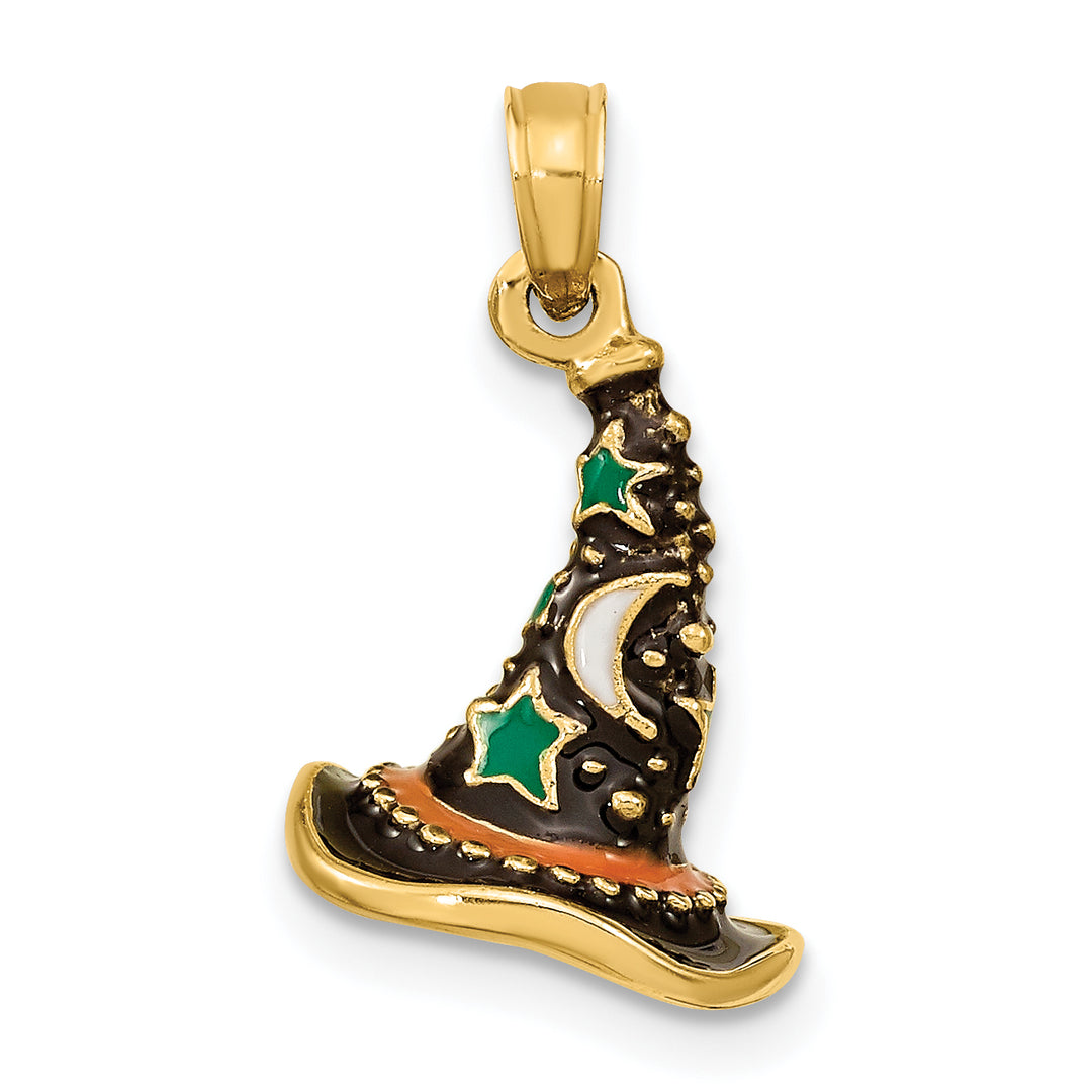 14K Yellow Gold 3-D Enameled Witch Hat Halloween Charm Pendant