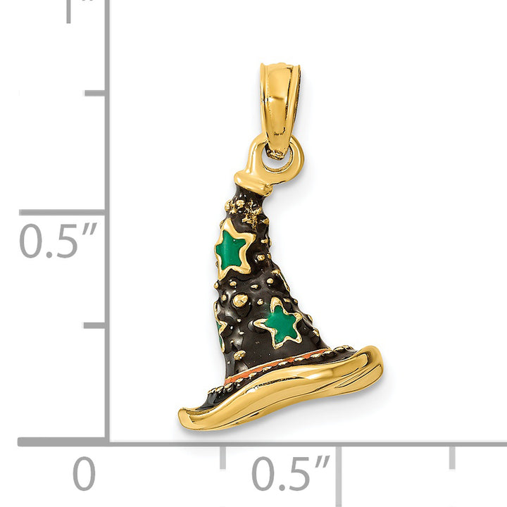 14K Yellow Gold 3-D Enameled Witch Hat Halloween Charm Pendant