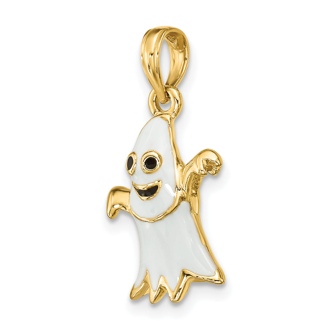 14K  Yellow Gold 3-D White Enameled Ghost Charm Pendant