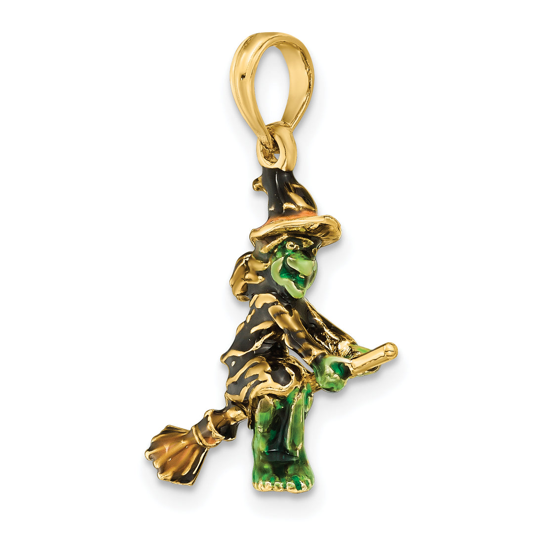 14K Yellow Gold 3-D Enameled Witch Flying on Broom Charm
