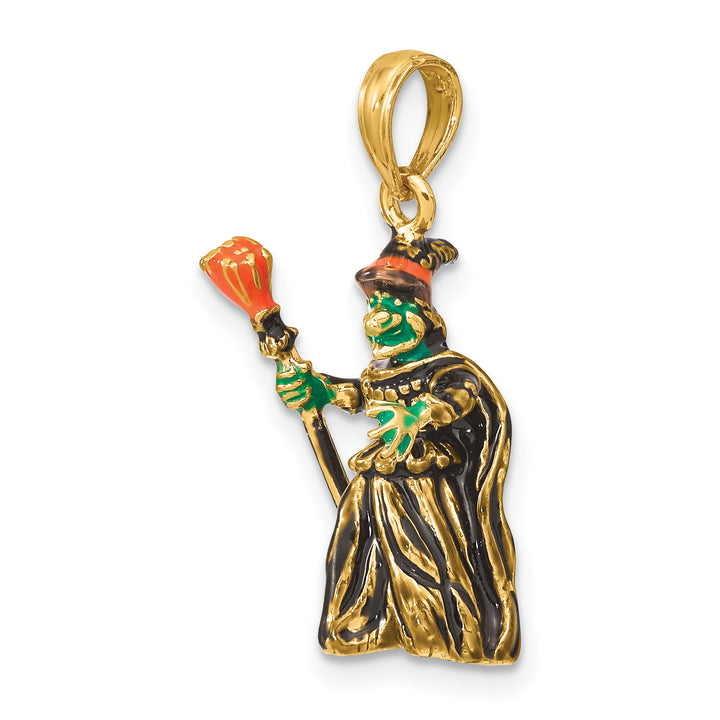 14K Yellow Gold 3-D Enameled Witch with Broom Charm Pendant