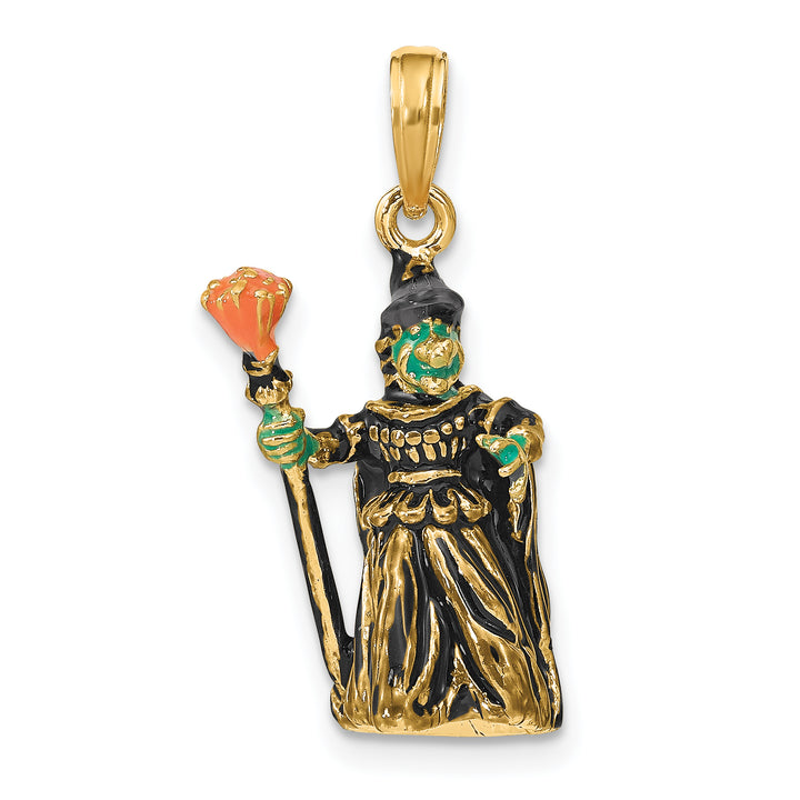 14K Yellow Gold 3-D Enameled Witch with Broom Charm Pendant
