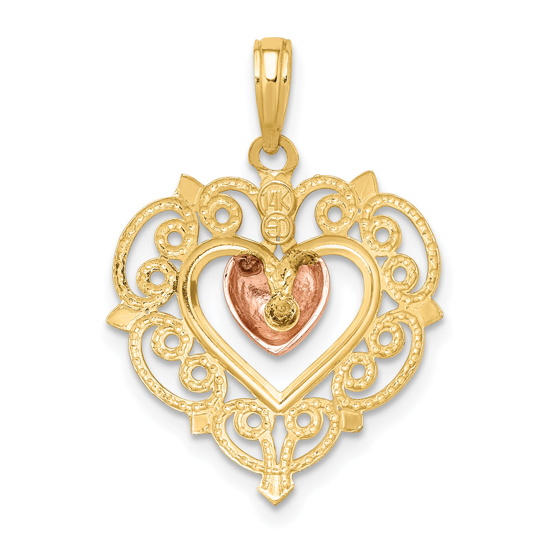 14k Yellow Rose Gold Heart Lace Trim Pendant