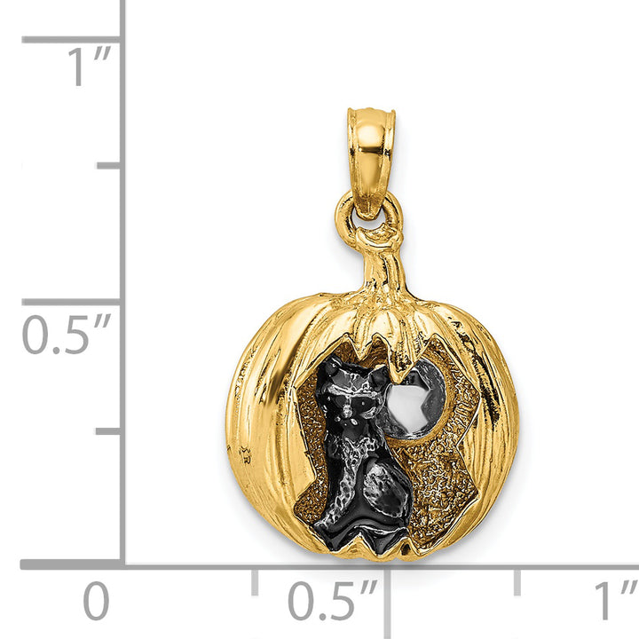 14k Yellow Gold  3-D Jack-o-Lantern with Black Cat and Moon Charm Pendant