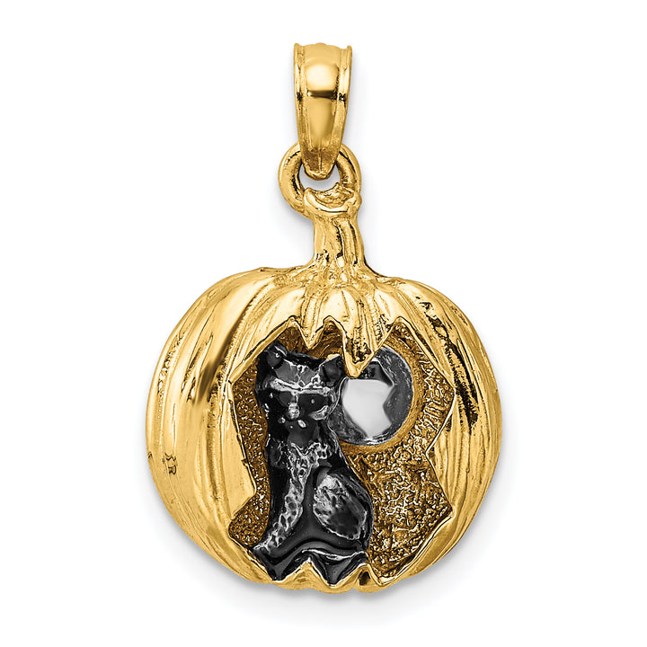 14k Yellow Gold  3-D Jack-o-Lantern with Black Cat and Moon Charm Pendant