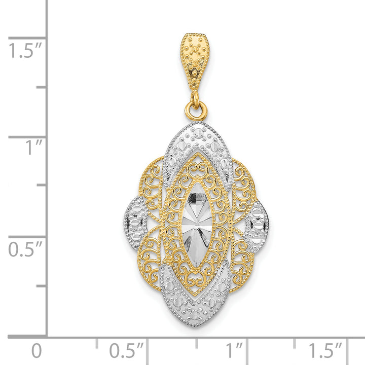 14k Yellow Gold, White Rhodium D.C Filigree Oval Pendant