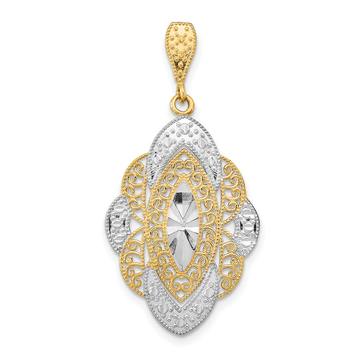 14k Yellow Gold, White Rhodium D.C Filigree Oval Pendant
