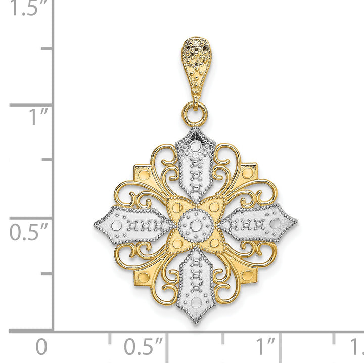 14k Yellow, White Gold Cut-Out Cross Filigree Medallion Pendant
