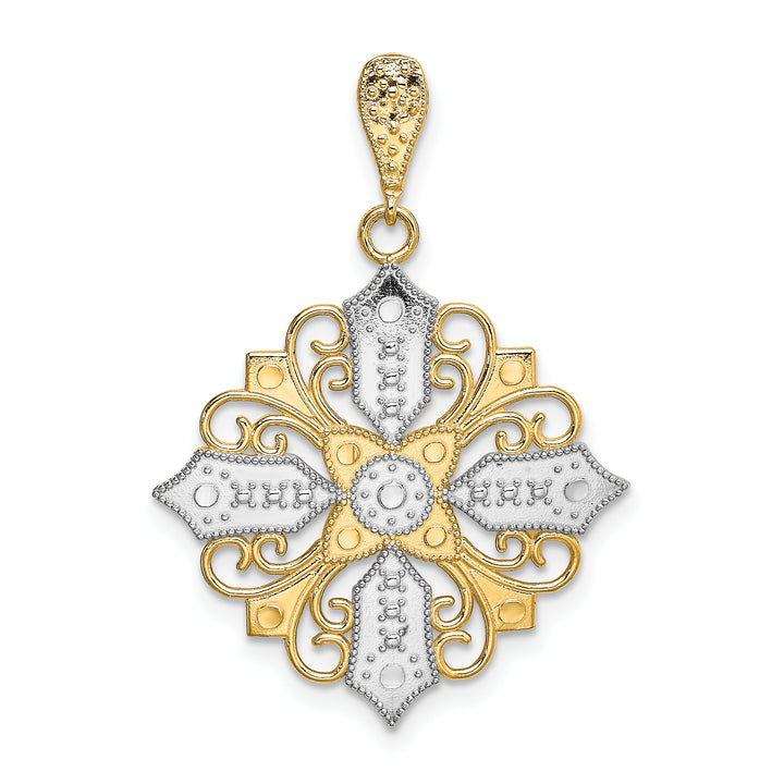 14k Yellow, White Gold Cut-Out Cross Filigree Medallion Pendant