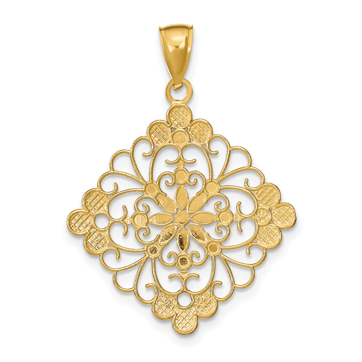 14K Yellow, White Gold Diamond Cut Filigree Medallion Pendant