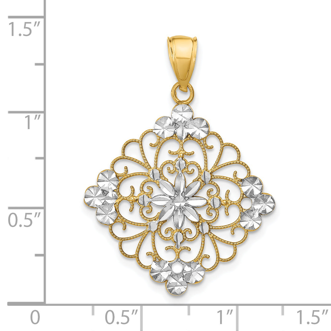 14K Yellow, White Gold Diamond Cut Filigree Medallion Pendant