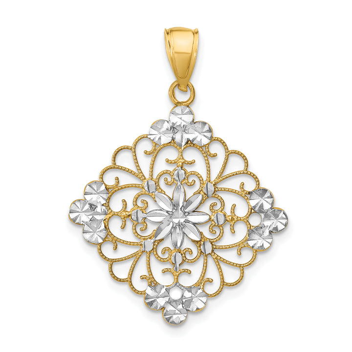 14K Yellow, White Gold Diamond Cut Filigree Medallion Pendant