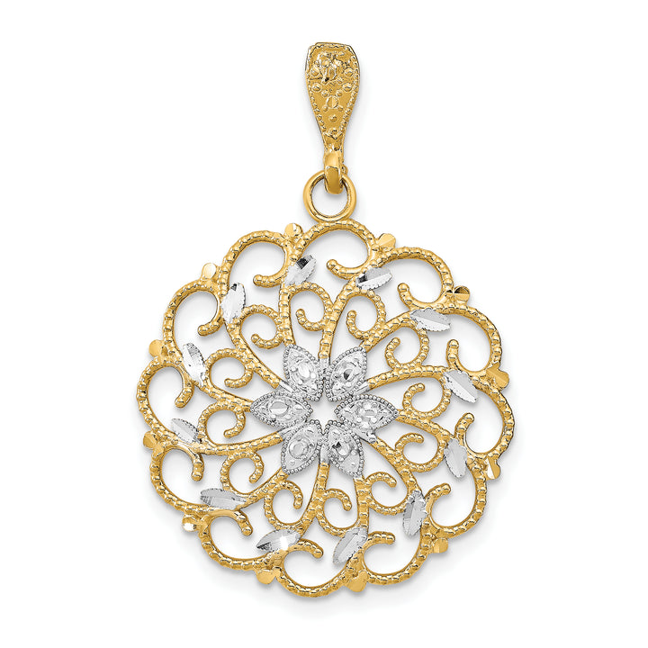 14K Yellow White Gold Filigree Scalloped Wave Pendant