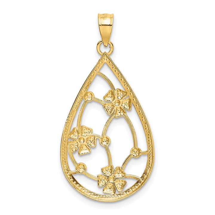 14k Yellow, White Gold, Flowers In Teardrop Frame Pendant