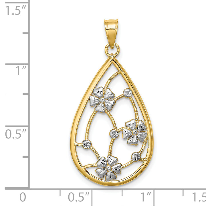 14k Yellow, White Gold, Flowers In Teardrop Frame Pendant