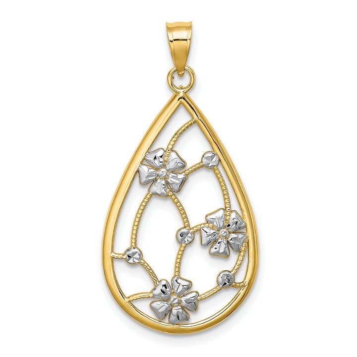 14k Yellow, White Gold, Flowers In Teardrop Frame Pendant