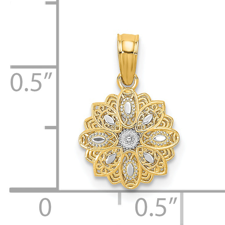 14K Yellow, White Gold Diamond cut Mini Filigree Flower Pendant
