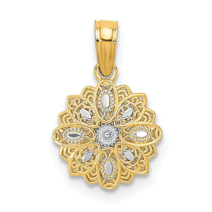 14K Yellow, White Gold Diamond cut Mini Filigree Flower Pendant